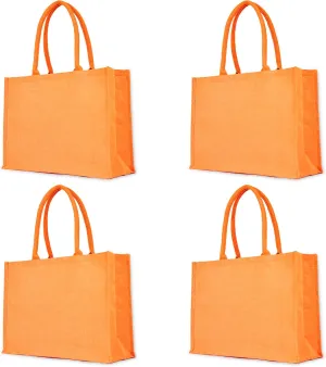 Orange Juco Tote Bag Set of 4  Strong Burlap Reusable Totes with Handles for Shopping, Beach, Weddings, and DIY Crafts (13"H x 18"L x 6"W)
