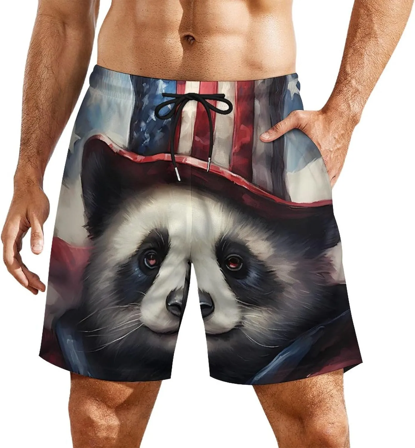 Panda Patriotic U.S. Flag Men's Swim Trunks with Compression Liner Beach Swimming Shorts with Drawstring and Pockets