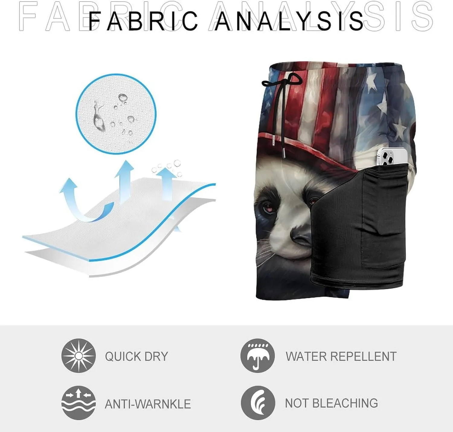 Panda Patriotic U.S. Flag Men's Swim Trunks with Compression Liner Beach Swimming Shorts with Drawstring and Pockets
