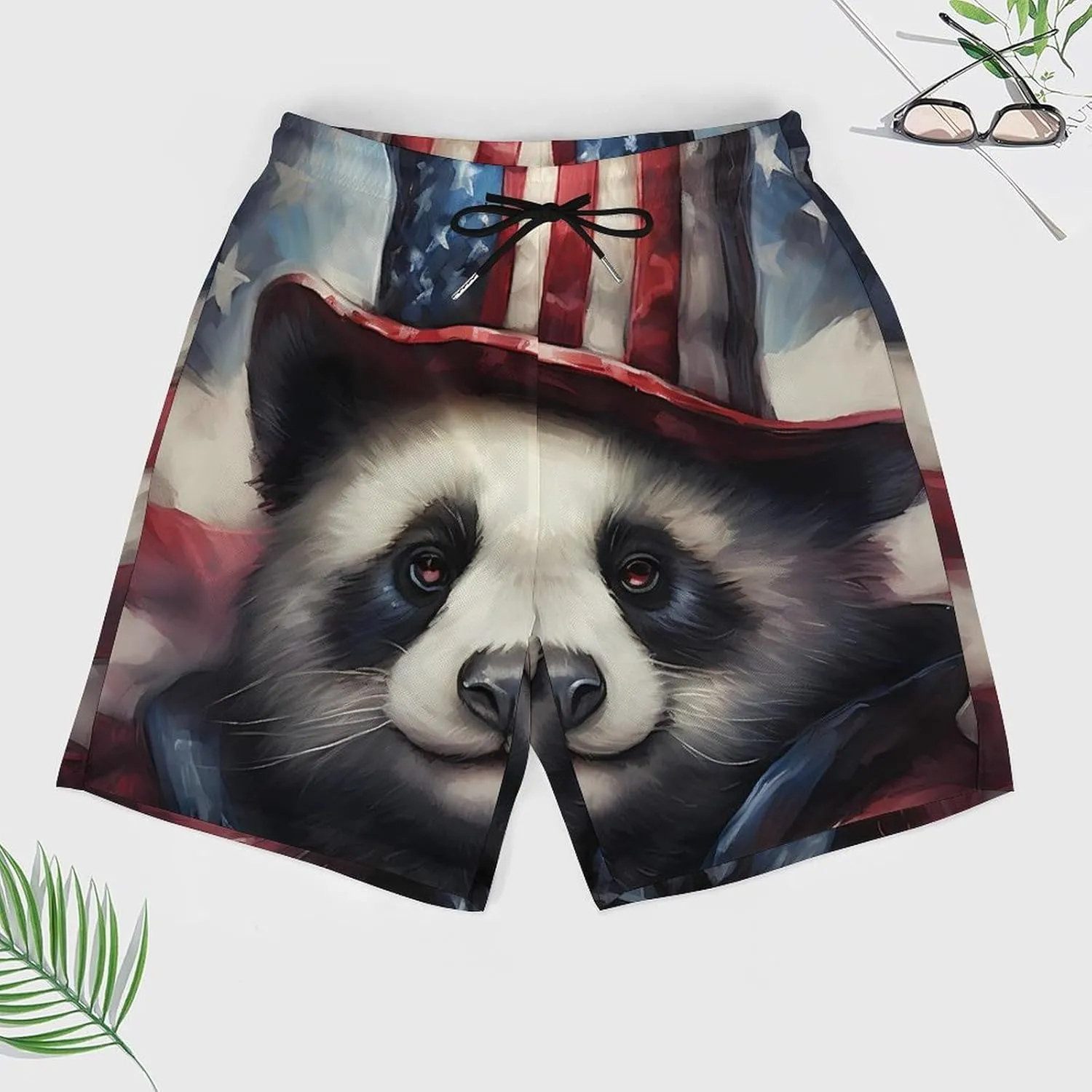Panda Patriotic U.S. Flag Men's Swim Trunks with Compression Liner Beach Swimming Shorts with Drawstring and Pockets