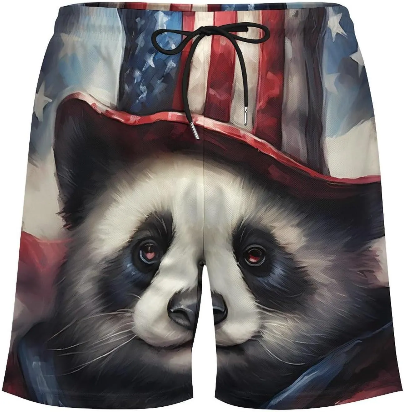 Panda Patriotic U.S. Flag Men's Swim Trunks with Compression Liner Beach Swimming Shorts with Drawstring and Pockets