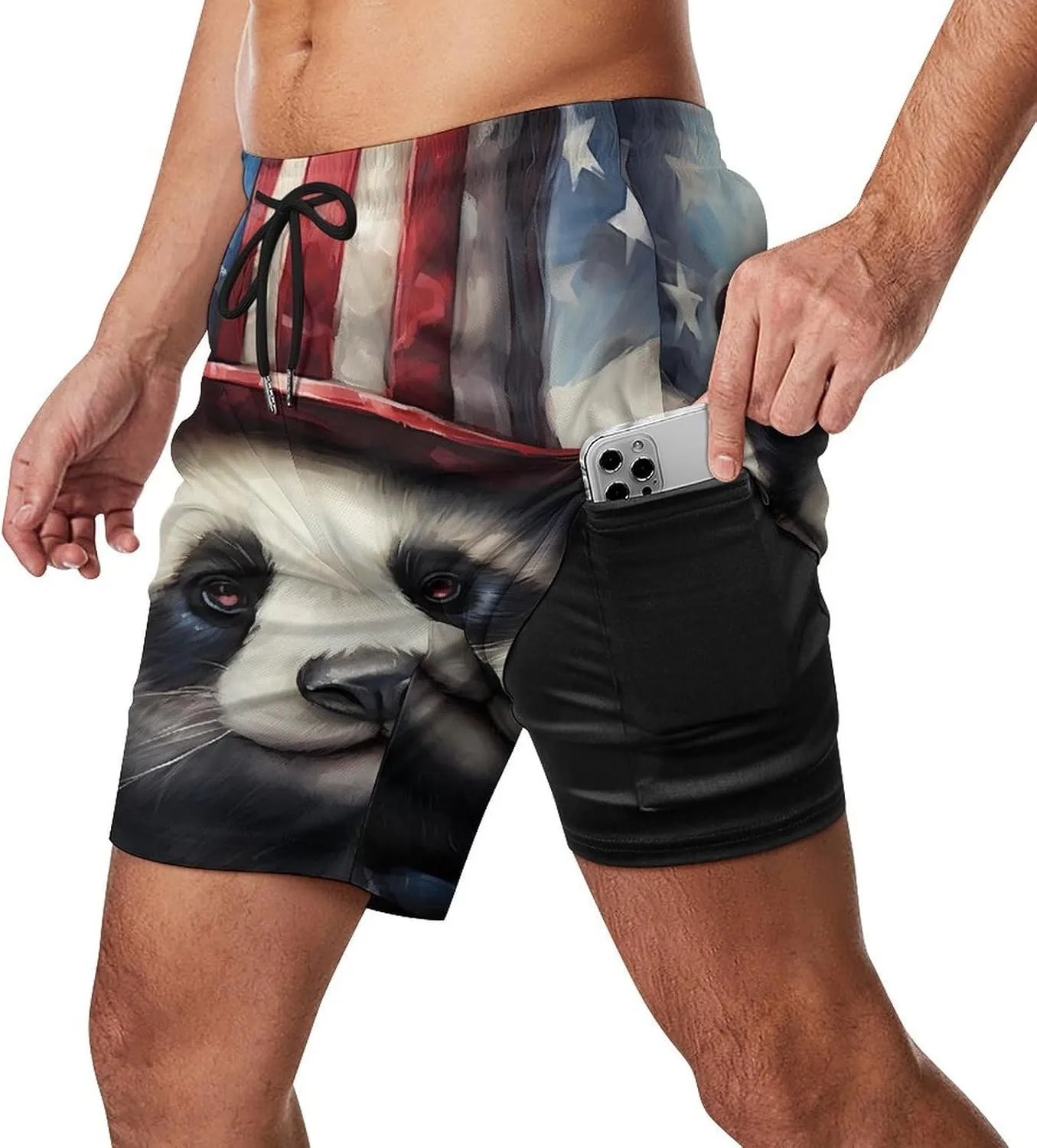 Panda Patriotic U.S. Flag Men's Swim Trunks with Compression Liner Beach Swimming Shorts with Drawstring and Pockets