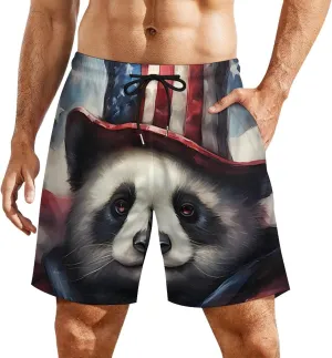 Panda Patriotic U.S. Flag Men's Swim Trunks with Compression Liner Beach Swimming Shorts with Drawstring and Pockets