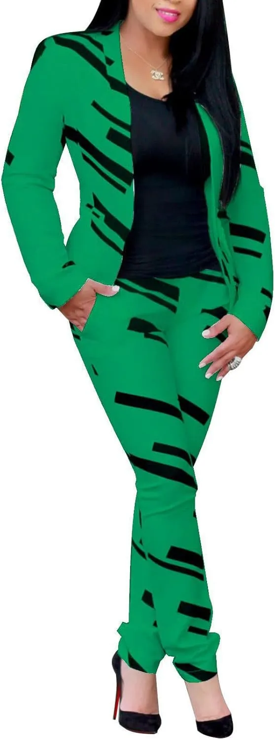 PAODIKUAI Women's 2 Piece Outfits Long Sleeve Stripe Jacket Top and Pants Suit Set