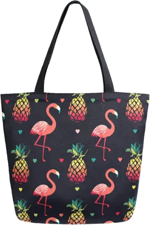 Pink Flamingo Colors Hearts Pineapples Extra Large Canvas Shoulder Tote Storage Top Handle Bag for Gym Weekender Summer Beach Travel Reusable Grocery Shopping