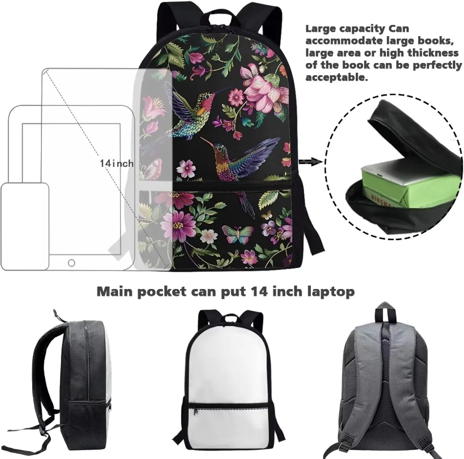 POLERO Floral Hummingbird Backpack for Women College Bookbag Laptop Backpacks School Bag Daypack