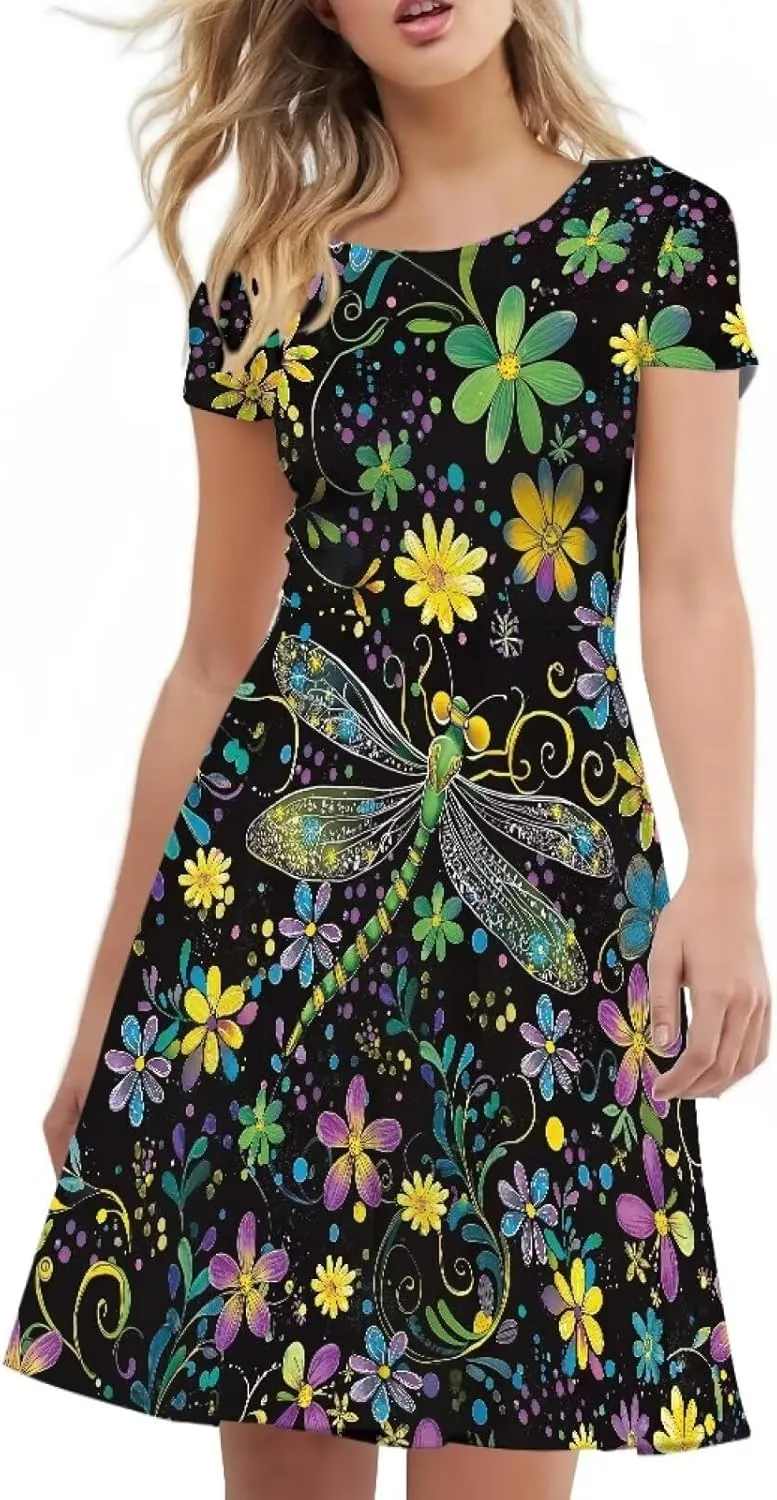 POLERO Women's Animal Dress Short Sleeve Cute Midi Dresses Casual Beach Vacation Sundress