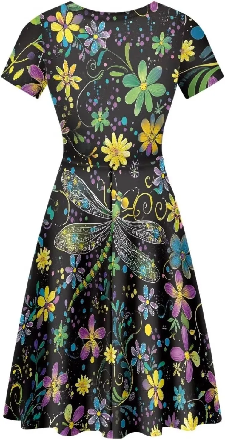 POLERO Women's Animal Dress Short Sleeve Cute Midi Dresses Casual Beach Vacation Sundress