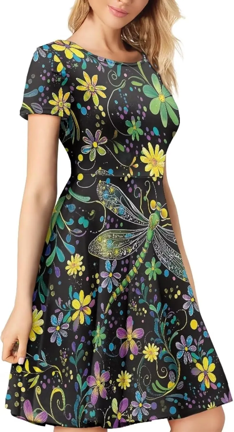 POLERO Women's Animal Dress Short Sleeve Cute Midi Dresses Casual Beach Vacation Sundress