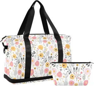 Pretty Florals Sports Gym Bag with Waterproof Dry Wet Pocket, Travel Duffel Bag for Women MenWorkout Bag Fits Yoga, Swimming