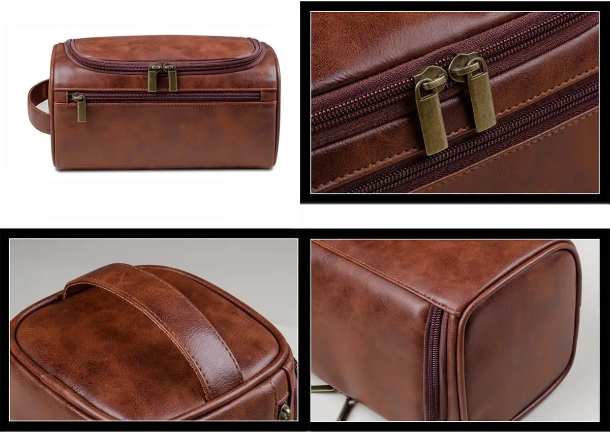 PU Leather Toiletry Bag for Men, Mens Toiletry Bag Travel Wash Shower Bag Organizer Kit Cosmetic Bag (Red brown)