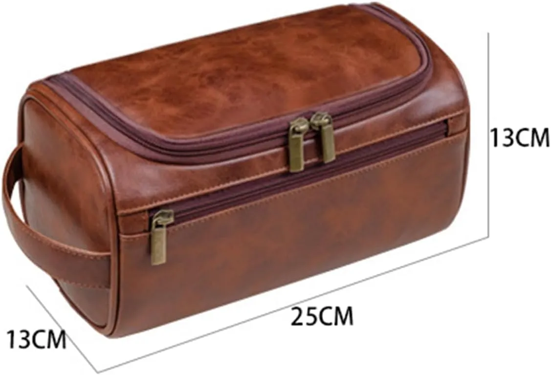 PU Leather Toiletry Bag for Men, Mens Toiletry Bag Travel Wash Shower Bag Organizer Kit Cosmetic Bag (Red brown)