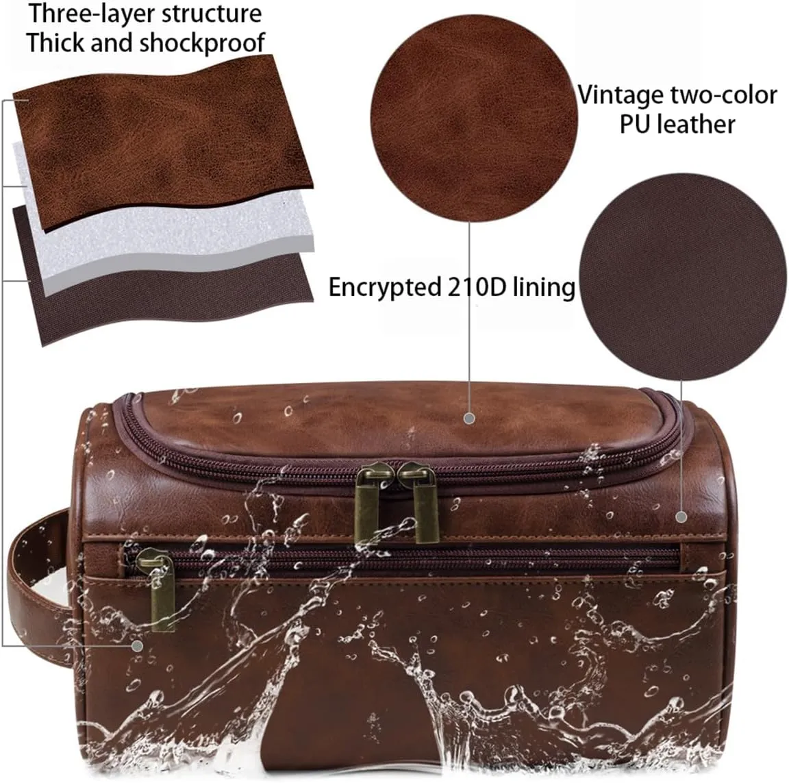 PU Leather Toiletry Bag for Men, Mens Toiletry Bag Travel Wash Shower Bag Organizer Kit Cosmetic Bag (Red brown)