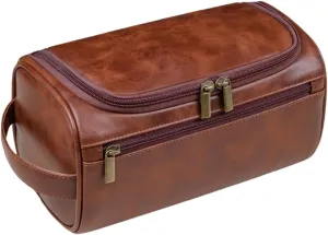 PU Leather Toiletry Bag for Men, Mens Toiletry Bag Travel Wash Shower Bag Organizer Kit Cosmetic Bag (Red brown)
