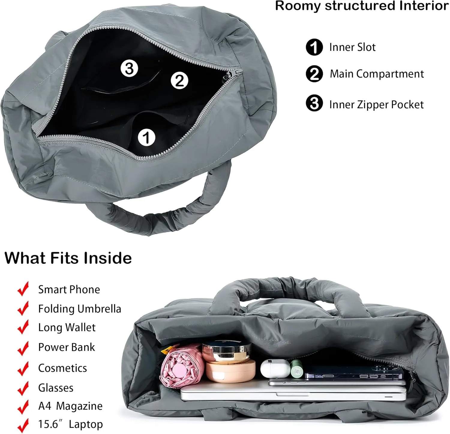 Puffer Tote Bag for Women, Large Quilted Puffy Handbag Lightweight Winter Down Padding Lattice Satchel Purse