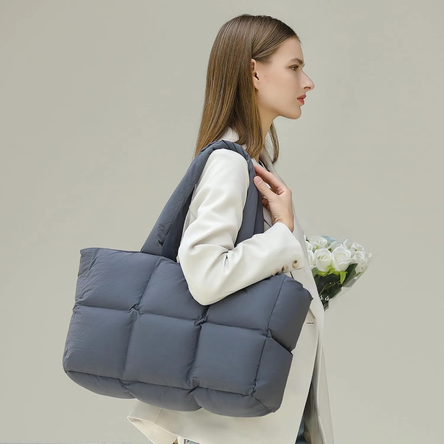 Puffer Tote Bag for Women, Large Quilted Puffy Handbag Lightweight Winter Down Padding Lattice Satchel Purse