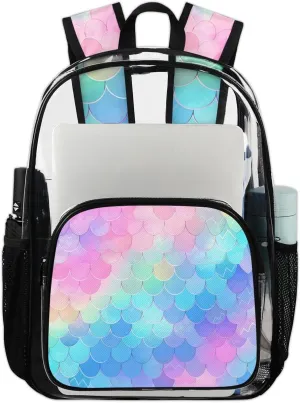 Rainbow Scales Mermaid Heavy Duty Clear Backpack Fish Scales Large See Through Backpacks PVC Transparent Clear Bag for Women Men Security Stadium Work Travel Events Concert