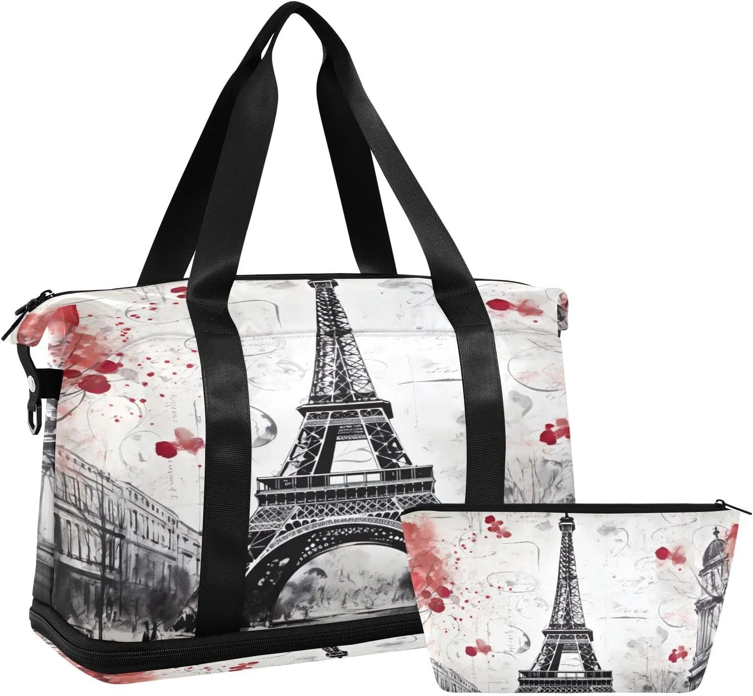 Retro Eiffel Tower Sports Gym Bag with Waterproof Dry Wet Pocket, Travel Duffel Bag for Women MenWorkout Bag Fits Yoga, Swimming