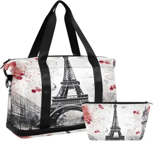 Retro Eiffel Tower Sports Gym Bag with Waterproof Dry Wet Pocket, Travel Duffel Bag for Women MenWorkout Bag Fits Yoga, Swimming