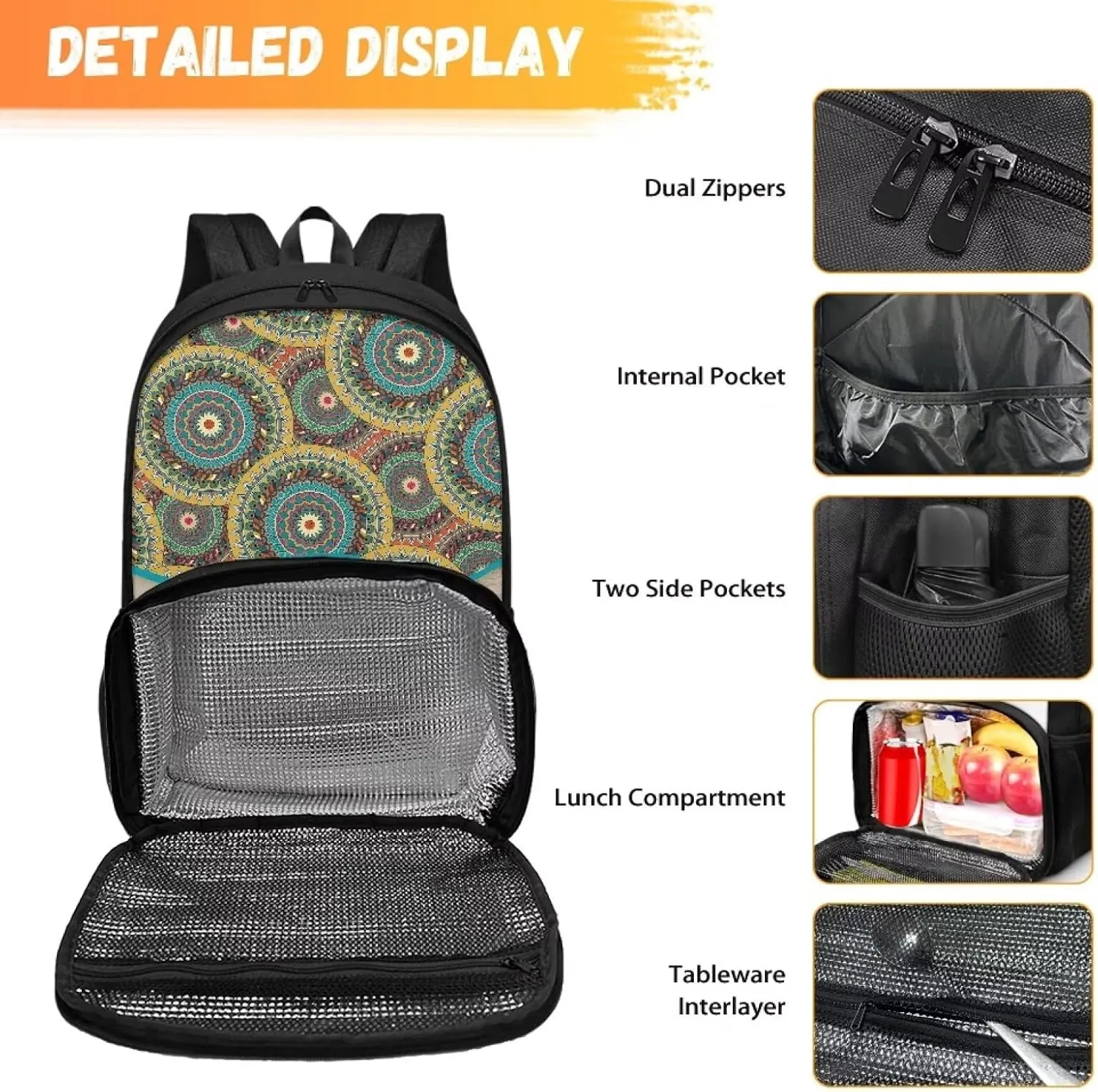 Rnyleeg Boho Turtle Pattern Girls School Backpack Lunch Box Book Bag Combo Set School Backpack Bookbag Lightweight Casual Daypack for Travel Outdoor