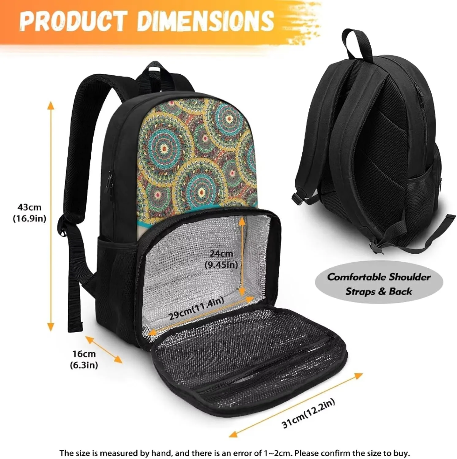 Rnyleeg Boho Turtle Pattern Girls School Backpack Lunch Box Book Bag Combo Set School Backpack Bookbag Lightweight Casual Daypack for Travel Outdoor
