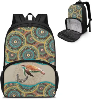 Rnyleeg Boho Turtle Pattern Girls School Backpack Lunch Box Book Bag Combo Set School Backpack Bookbag Lightweight Casual Daypack for Travel Outdoor