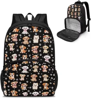 Rnyleeg School Backpack Book Bags with Lunch Box Preschool Kindergarten BookBag Cartoon Dog Pattern Daypack Insulated Cooler Lunch Box Laptop Backpack for Kids Boys Girls
