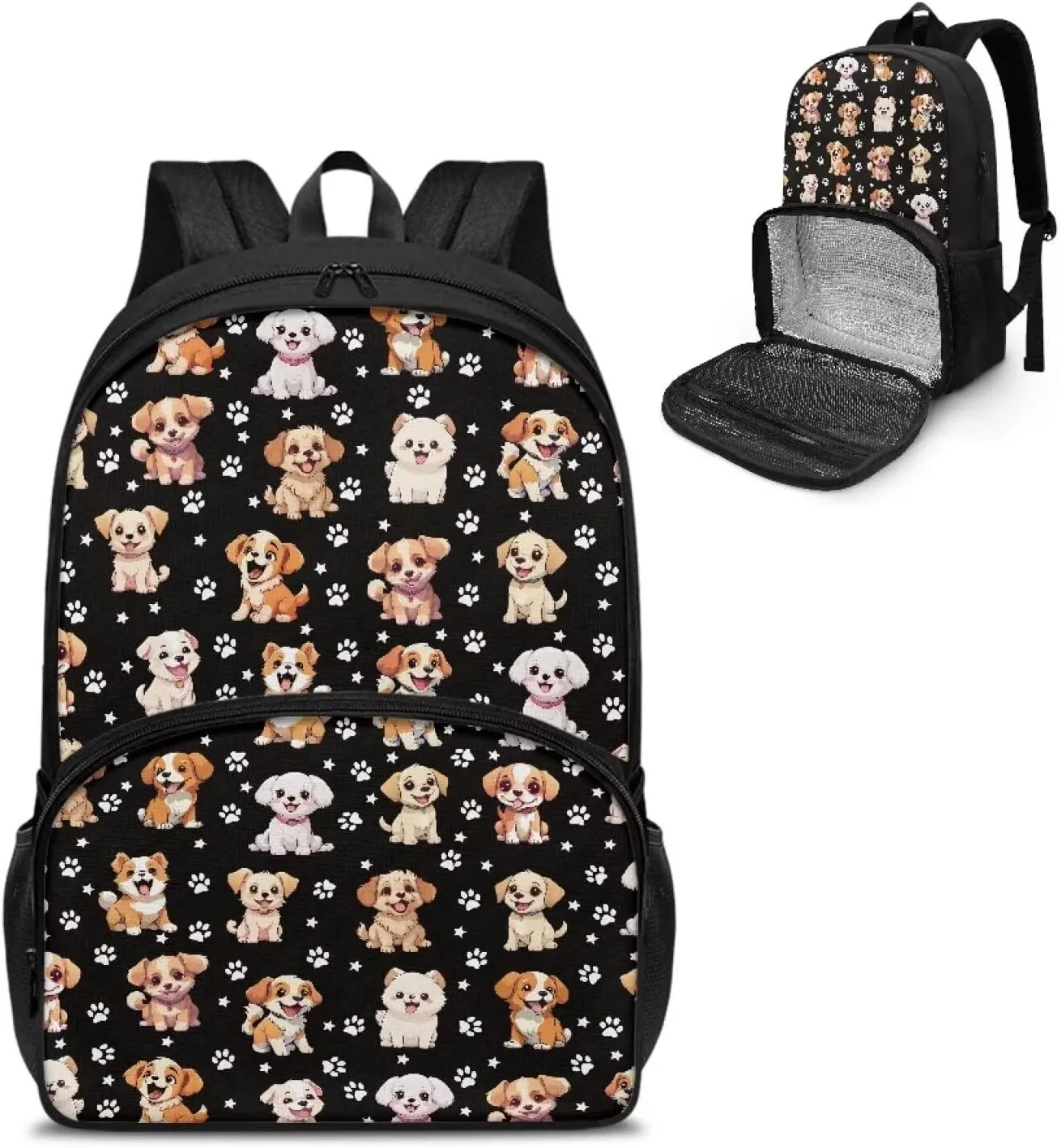 Rnyleeg School Backpack Book Bags with Lunch Box Preschool Kindergarten BookBag Cartoon Dog Pattern Daypack Insulated Cooler Lunch Box Laptop Backpack for Kids Boys Girls