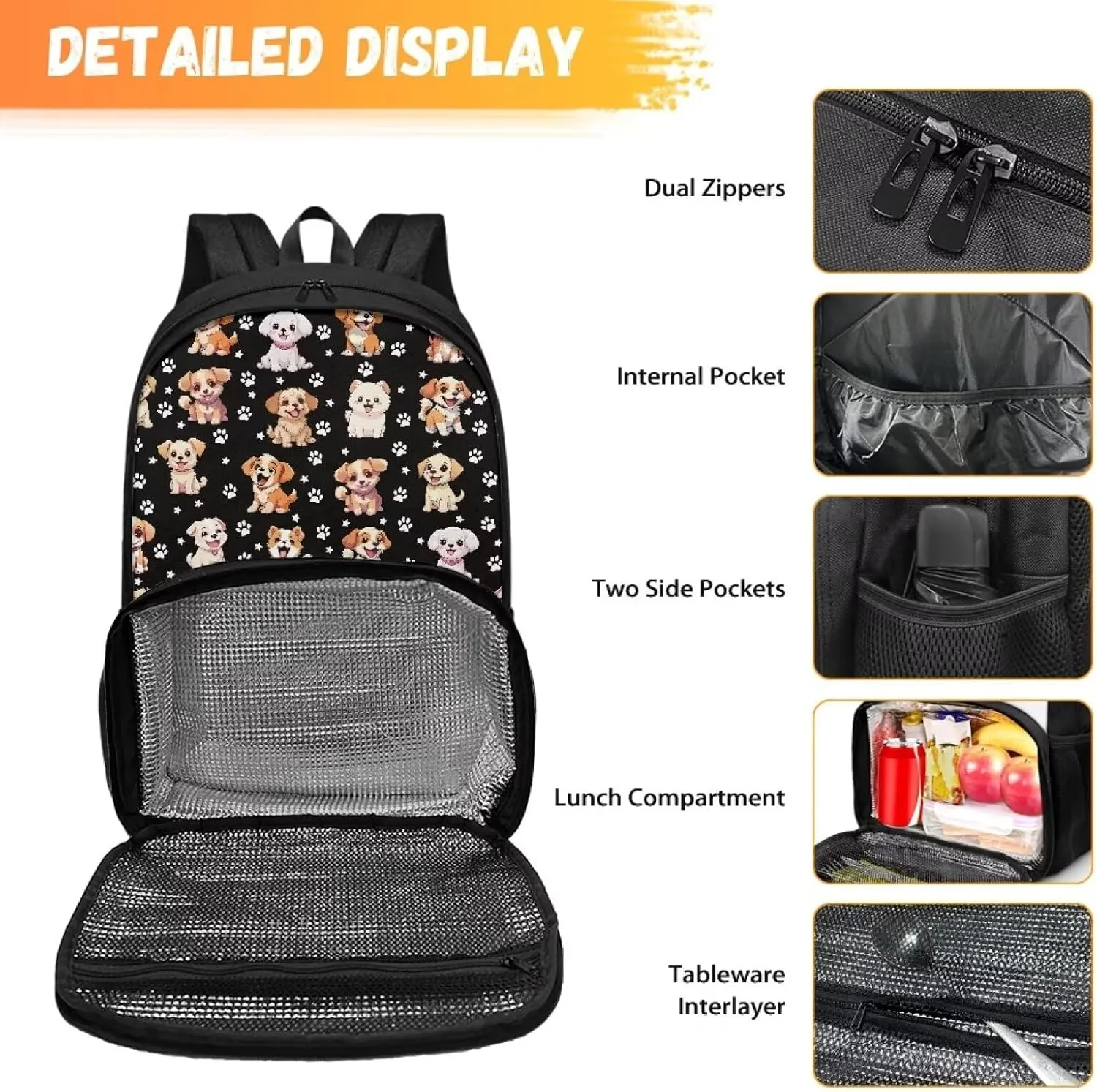 Rnyleeg School Backpack Book Bags with Lunch Box Preschool Kindergarten BookBag Cartoon Dog Pattern Daypack Insulated Cooler Lunch Box Laptop Backpack for Kids Boys Girls