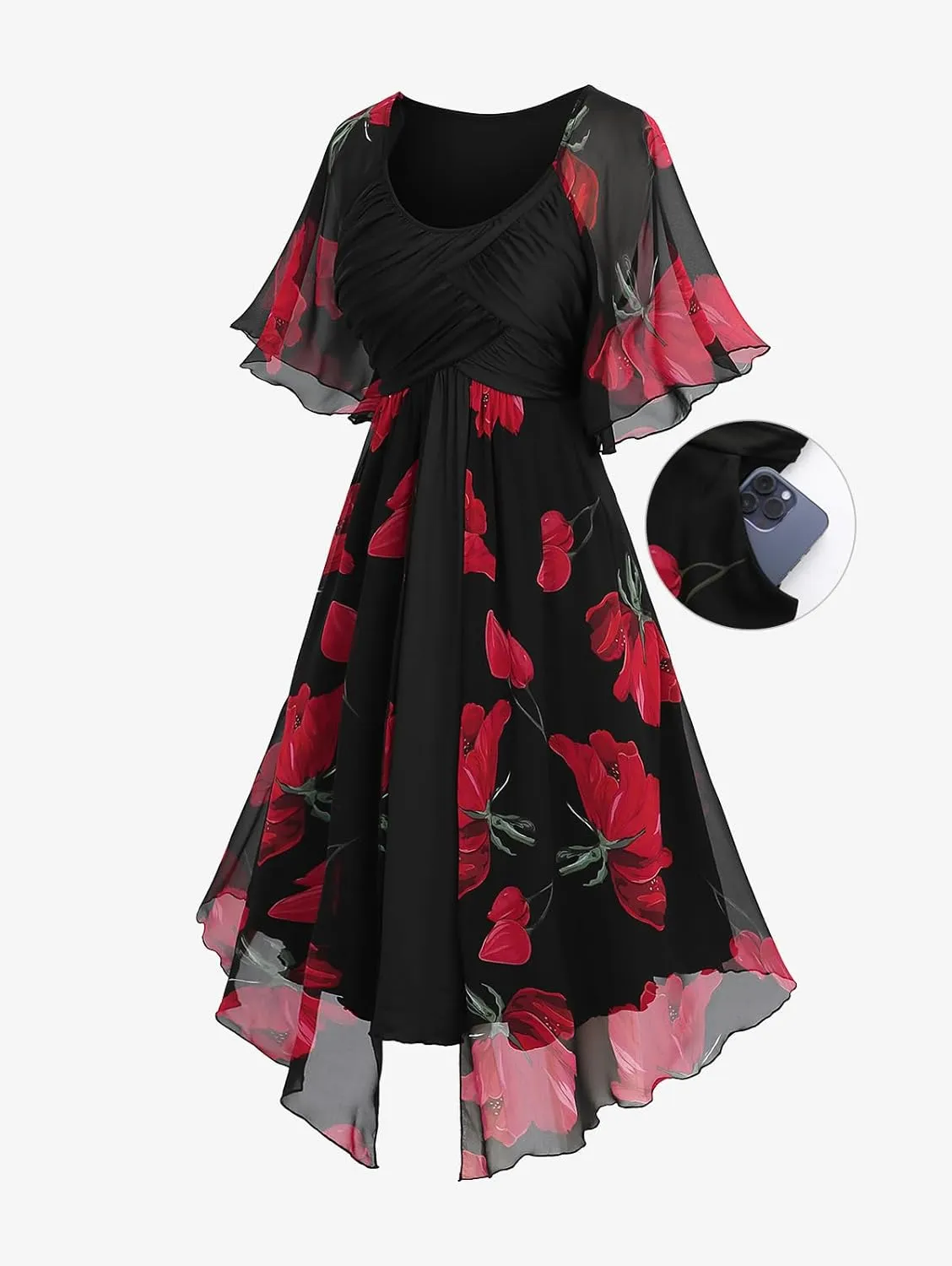ROSE GAL Rosegal Women Plus Size Flower Print Chiffon Panel Knee Length Flowy Dress with Pockets