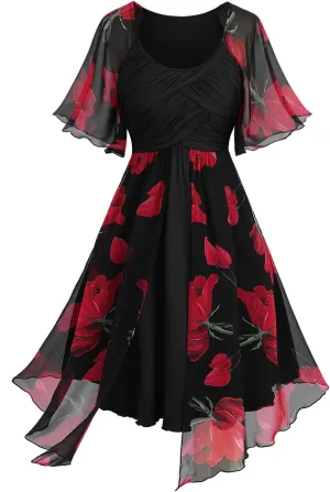 ROSE GAL Rosegal Women Plus Size Flower Print Chiffon Panel Knee Length Flowy Dress with Pockets
