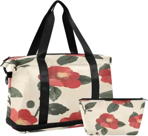 Rustic Red Camellias Sports Gym Bag with Waterproof Dry Wet Pocket, Travel Duffel Bag for Women MenWorkout Bag Fits Yoga, Swimming