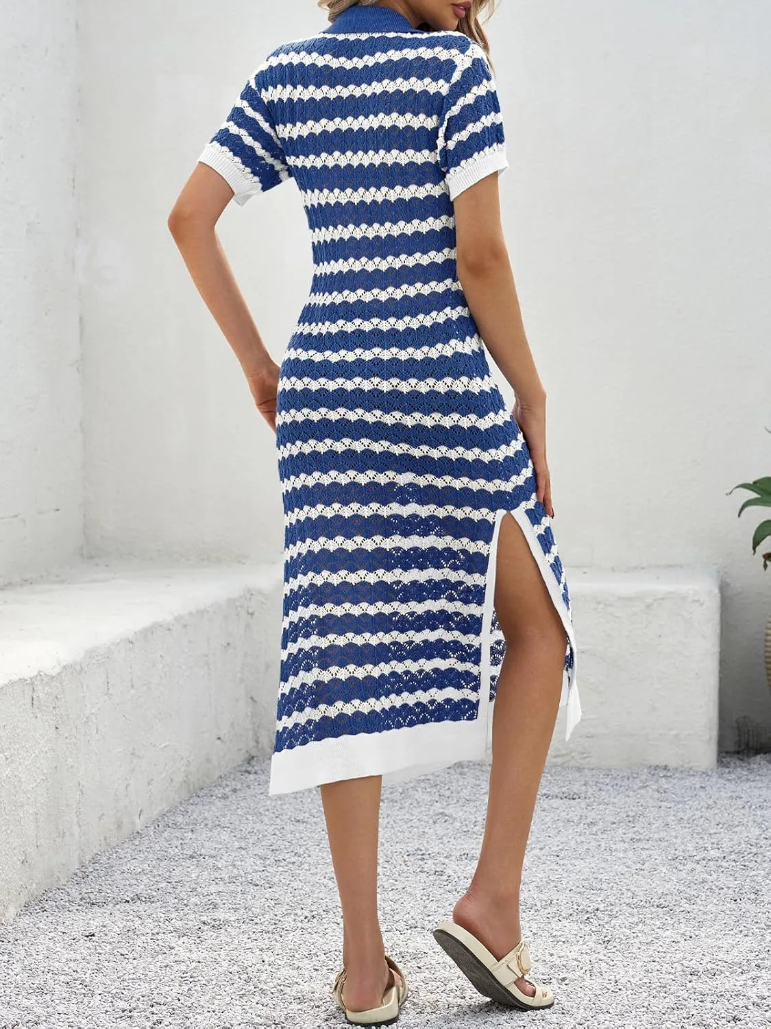 Saodimallsu Womens Striped Summer Dresses V Neck Collared Short Sleeve Loose Knit Slit Midi Sweater Dress