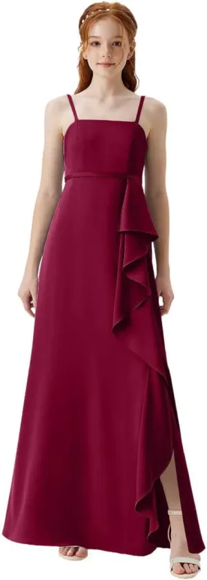 Satin Juniors Bridesmaid Dresses with Slits Spaghetti Straps Flower Girl Dresses for Wedding Girls Party Dress
