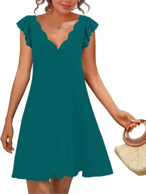 SAUKOLE Womens Summer Dresses Causal Ruffle Cap Sleeve V Neck Short Mini Dress Loose Flowy Sundress