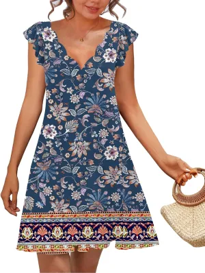SAUKOLE Womens Summer Dresses Causal Ruffle Cap Sleeve V Neck Short Mini Dress Loose Flowy Sundress