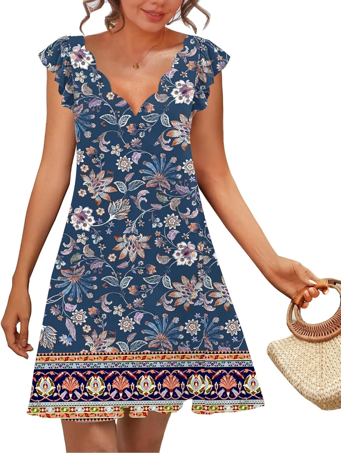 SAUKOLE Womens Summer Dresses Causal Ruffle Cap Sleeve V Neck Short Mini Dress Loose Flowy Sundress