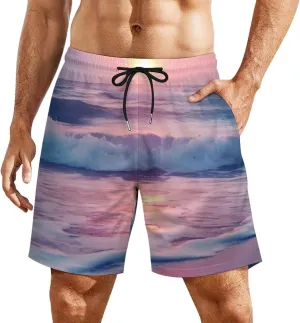 Sea Beach Wave Sun Cloud Landscape Men's Swim Trunks with Compression Liner Beach Swimming Shorts with Drawstring and Pockets