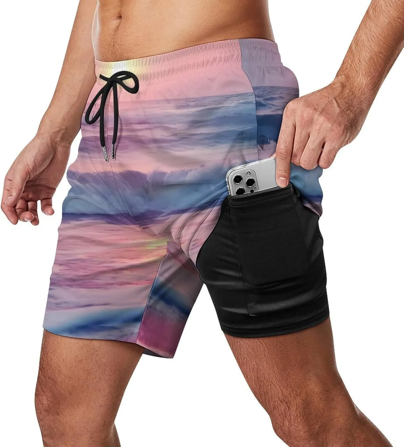 Sea Beach Wave Sun Cloud Landscape Men's Swim Trunks with Compression Liner Beach Swimming Shorts with Drawstring and Pockets