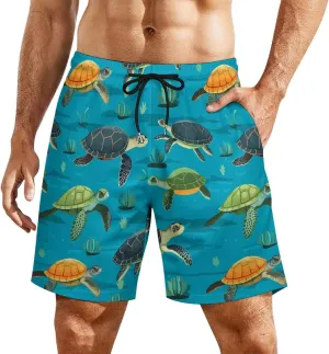 Sea Turtles Pattern Men's Swim Trunks with Compression Liner Beach Swimming Shorts with Drawstring and Pockets