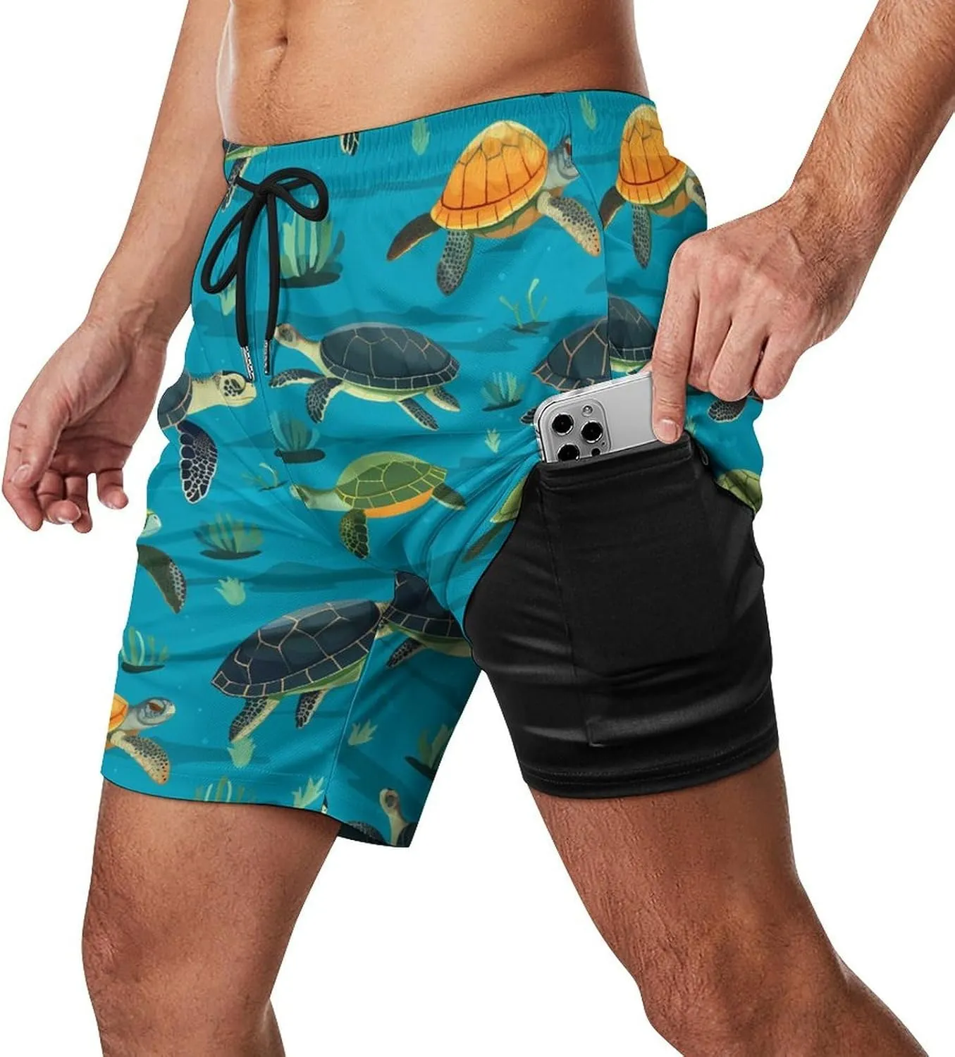Sea Turtles Pattern Men's Swim Trunks with Compression Liner Beach Swimming Shorts with Drawstring and Pockets