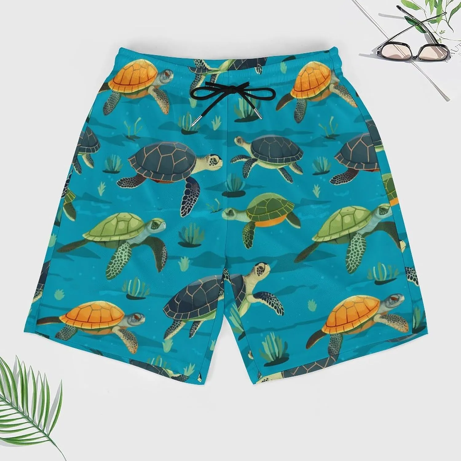 Sea Turtles Pattern Men's Swim Trunks with Compression Liner Beach Swimming Shorts with Drawstring and Pockets
