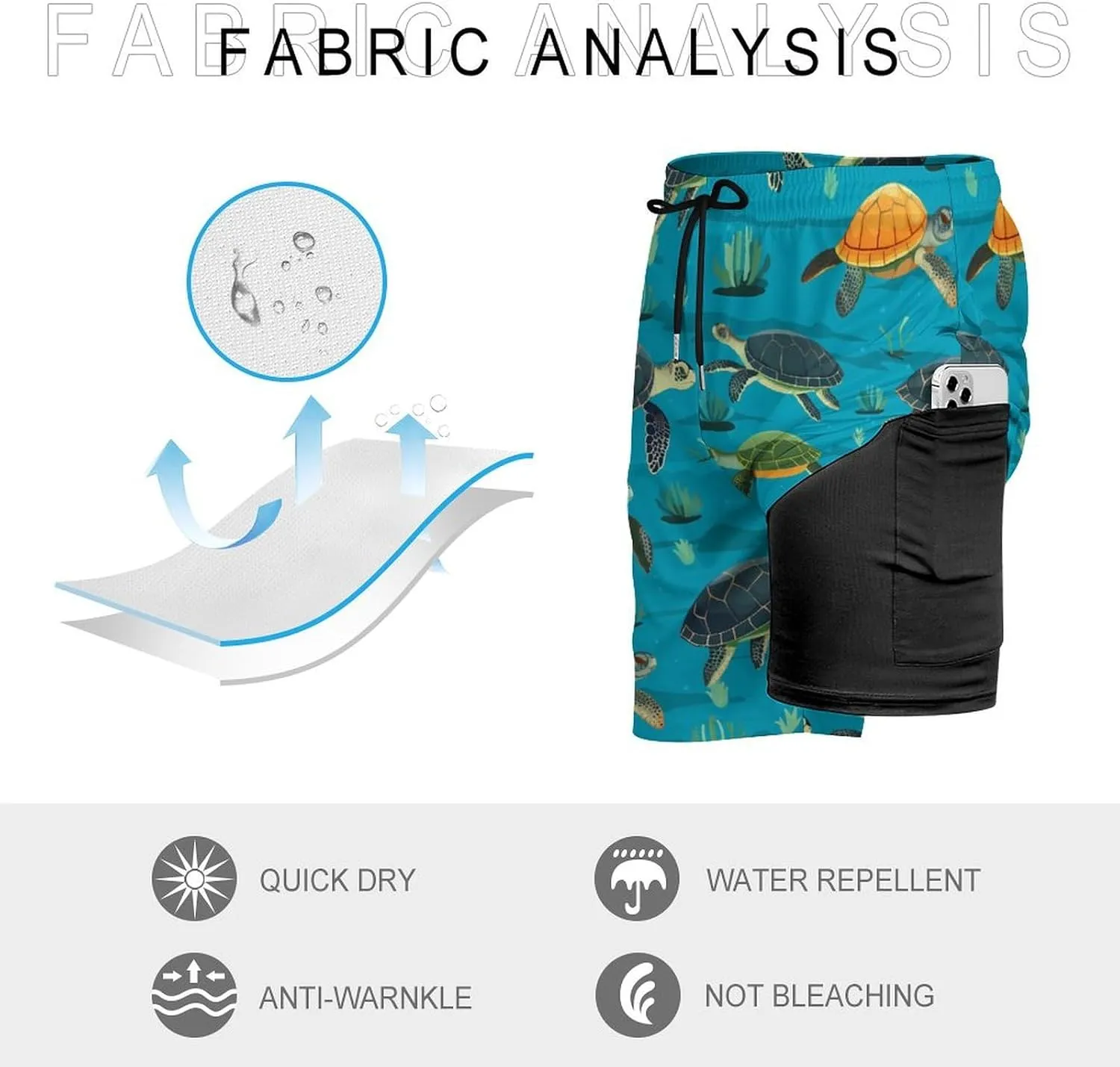 Sea Turtles Pattern Men's Swim Trunks with Compression Liner Beach Swimming Shorts with Drawstring and Pockets