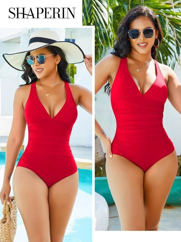 SHAPERIN Women One Piece Swimsuits Tummy Control V Neck Bathing Suits Ruched Push Up Padded Swimwear