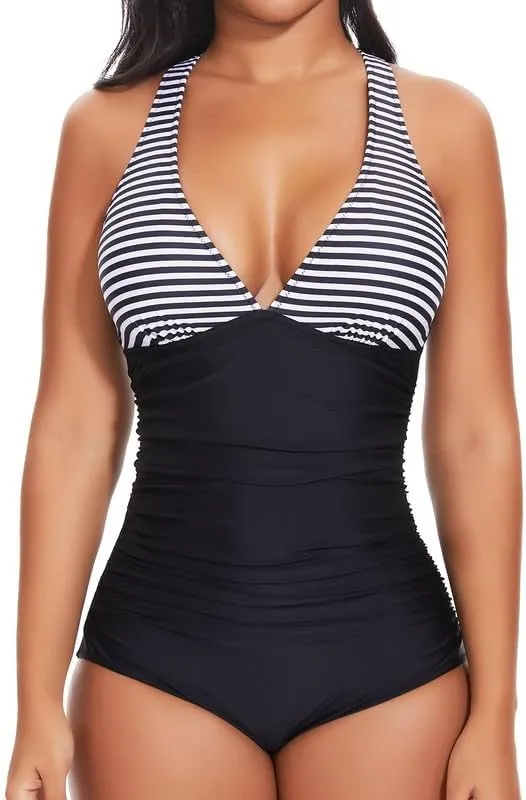 SHAPERIN Women One Piece Swimsuits Tummy Control V Neck Bathing Suits Ruched Push Up Padded Swimwear