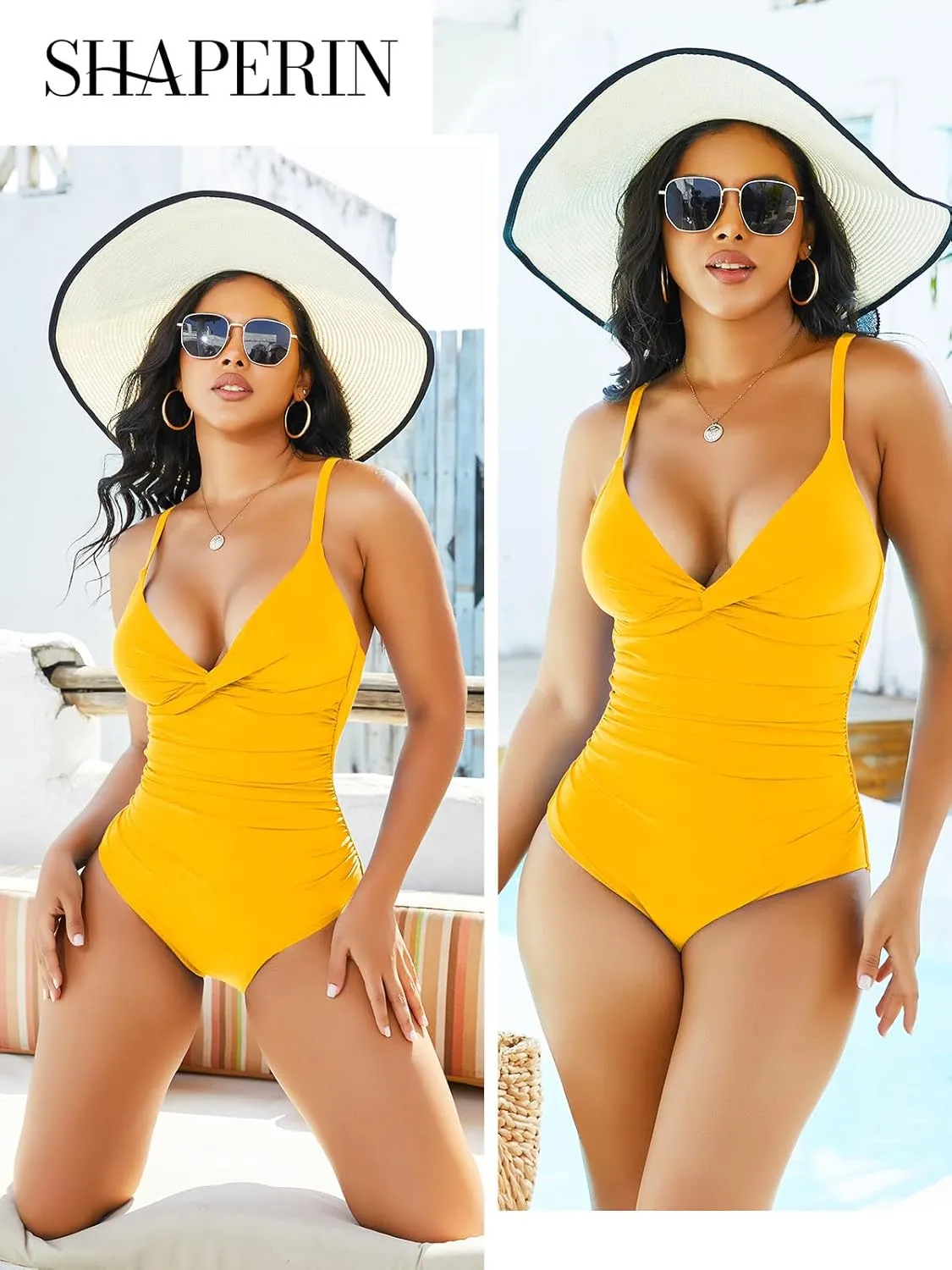 SHAPERIN Women One Piece Swimsuits Tummy Control V Neck Bathing Suits Ruched Push Up Padded Swimwear