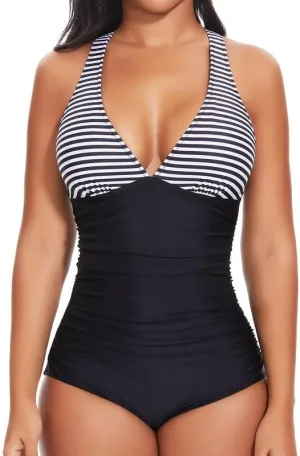 SHAPERIN Women One Piece Swimsuits Tummy Control V Neck Bathing Suits Ruched Push Up Padded Swimwear