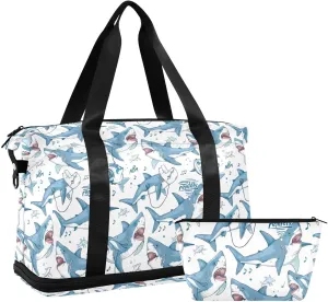 Sharks Listen To Music Sports Gym Bag with Waterproof Dry Wet Pocket, Travel Duffel Bag for Women MenWorkout Bag Fits Yoga, Swimming