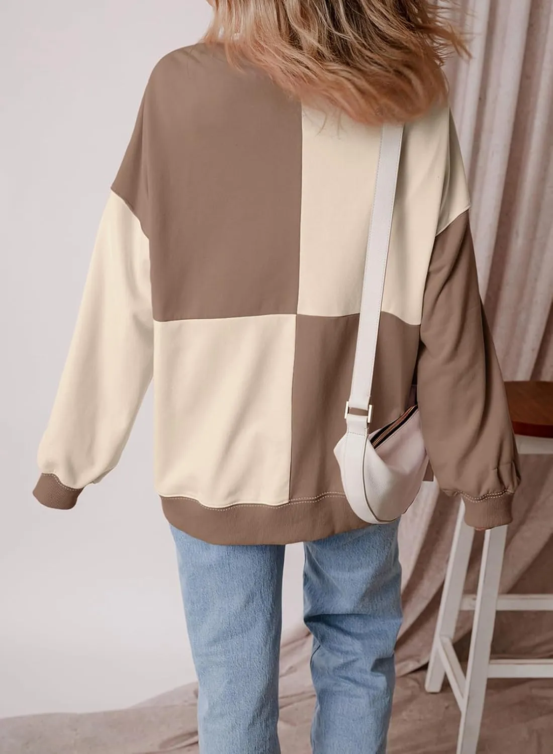 SHEWIN Women's Sweatshirts Casual Loose Button Henley Pullover Top Color Block 2024 Fall Fashion Outfits
