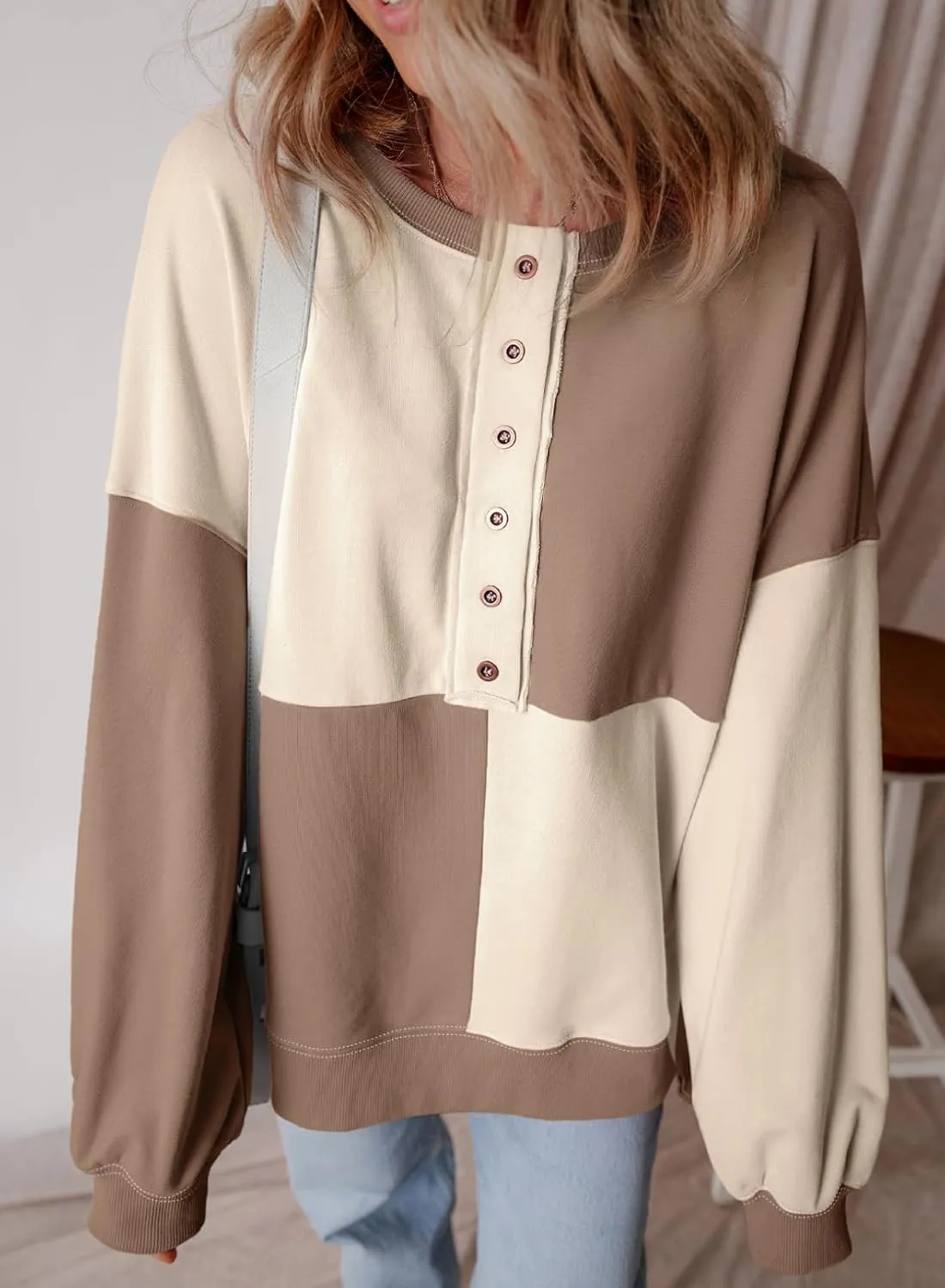 SHEWIN Women's Sweatshirts Casual Loose Button Henley Pullover Top Color Block 2024 Fall Fashion Outfits